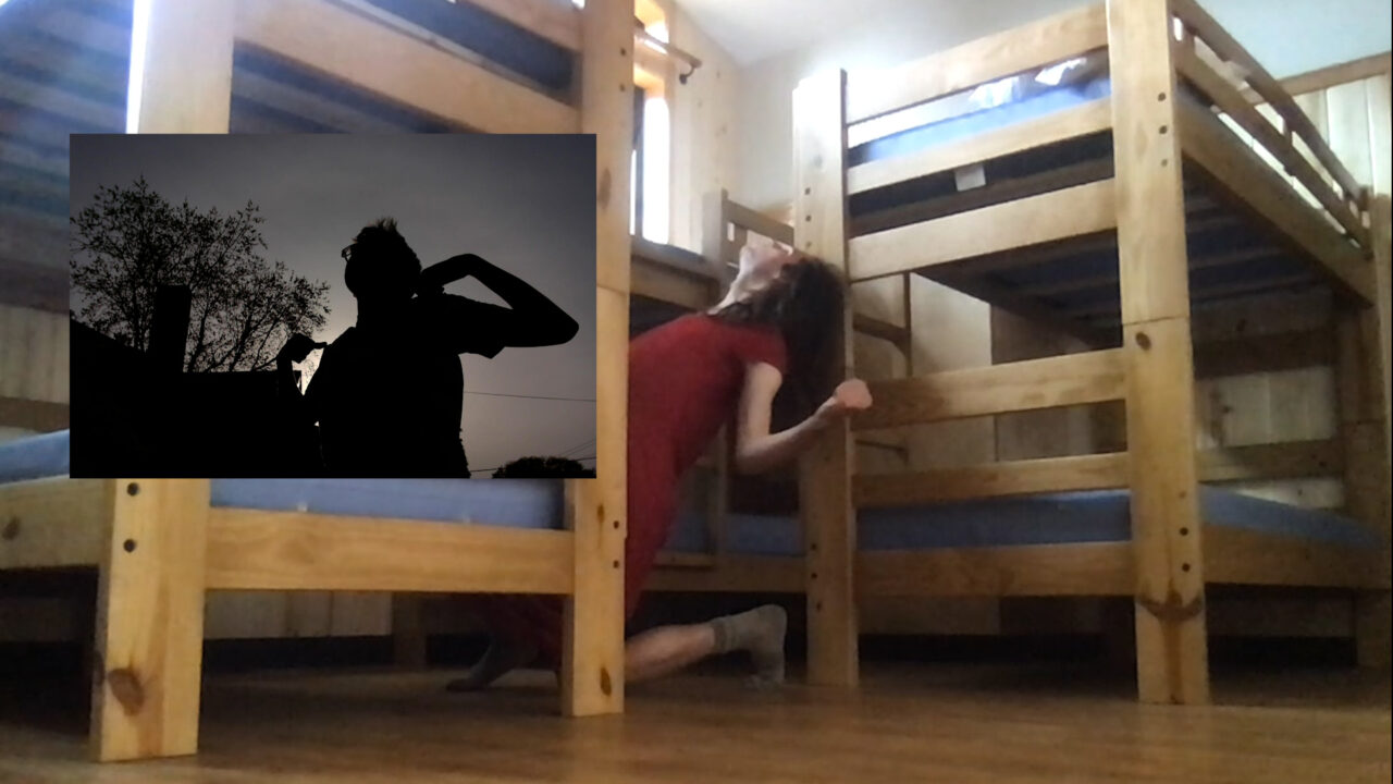Lilith bends backwards by bunk beds, with Jax silhouetted in an overlay next to her.